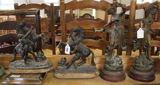 2 pairs spelter figures & marble & chrome pot stand